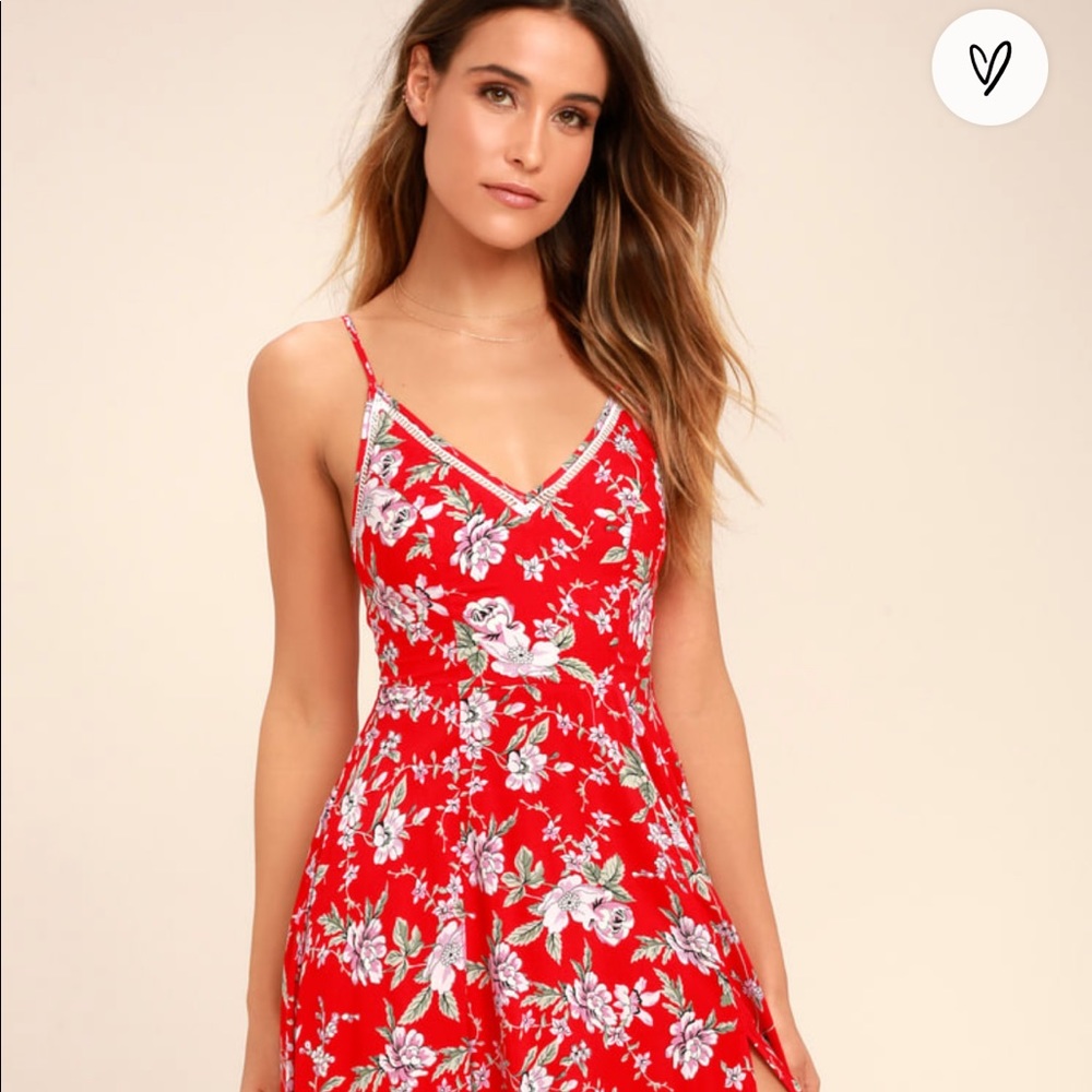 Lulu’s Esperanza Red Floral Print Midi Dress